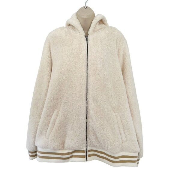 Torrid Cream Faux Fur Hooded Zip Front Bomber Jacket Women's Sz 2 or 2X - Picture 2 of 10